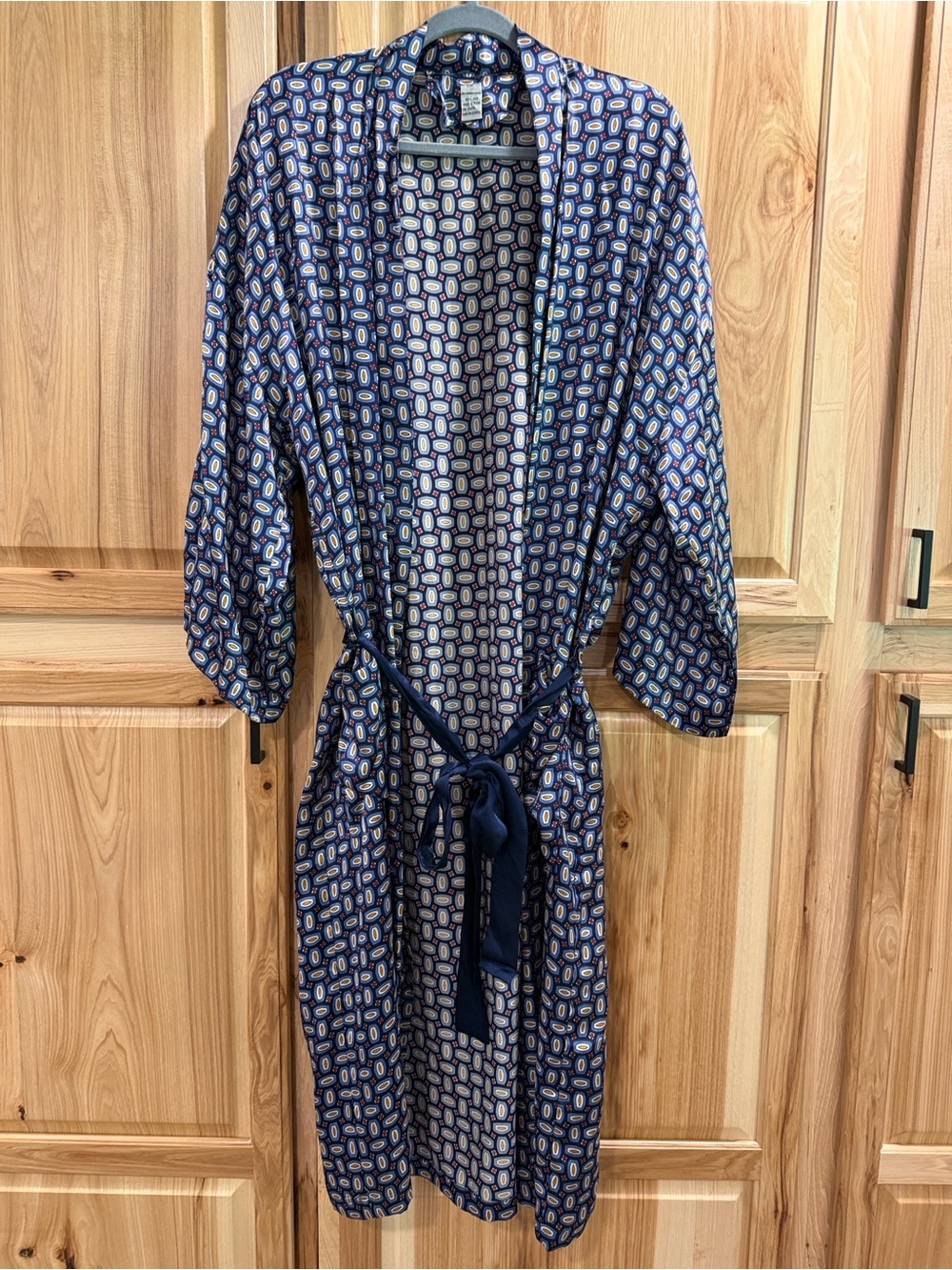 Men’s Perry Ellis Silk Navy Geometric Print Wrap Loungewear Sleepwear Robe